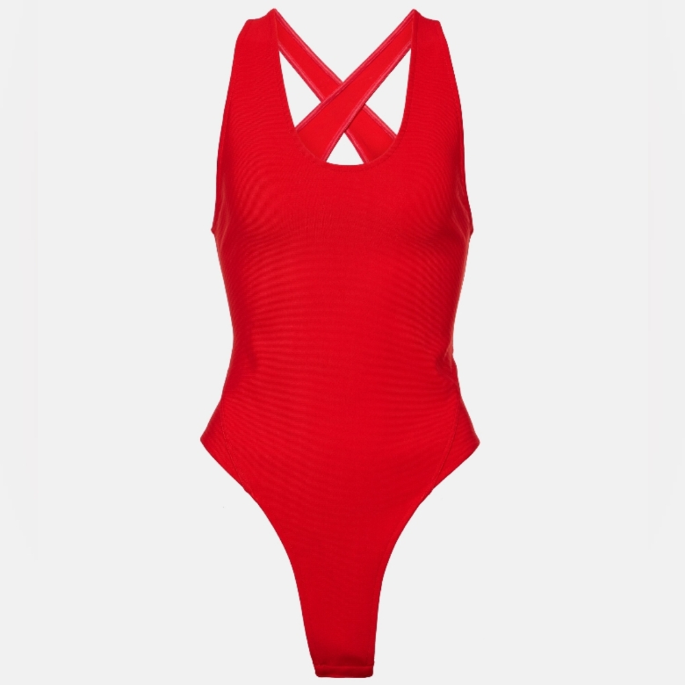 Chic Red Sleeveless Bodysuit with Criss-Cross Back Detail